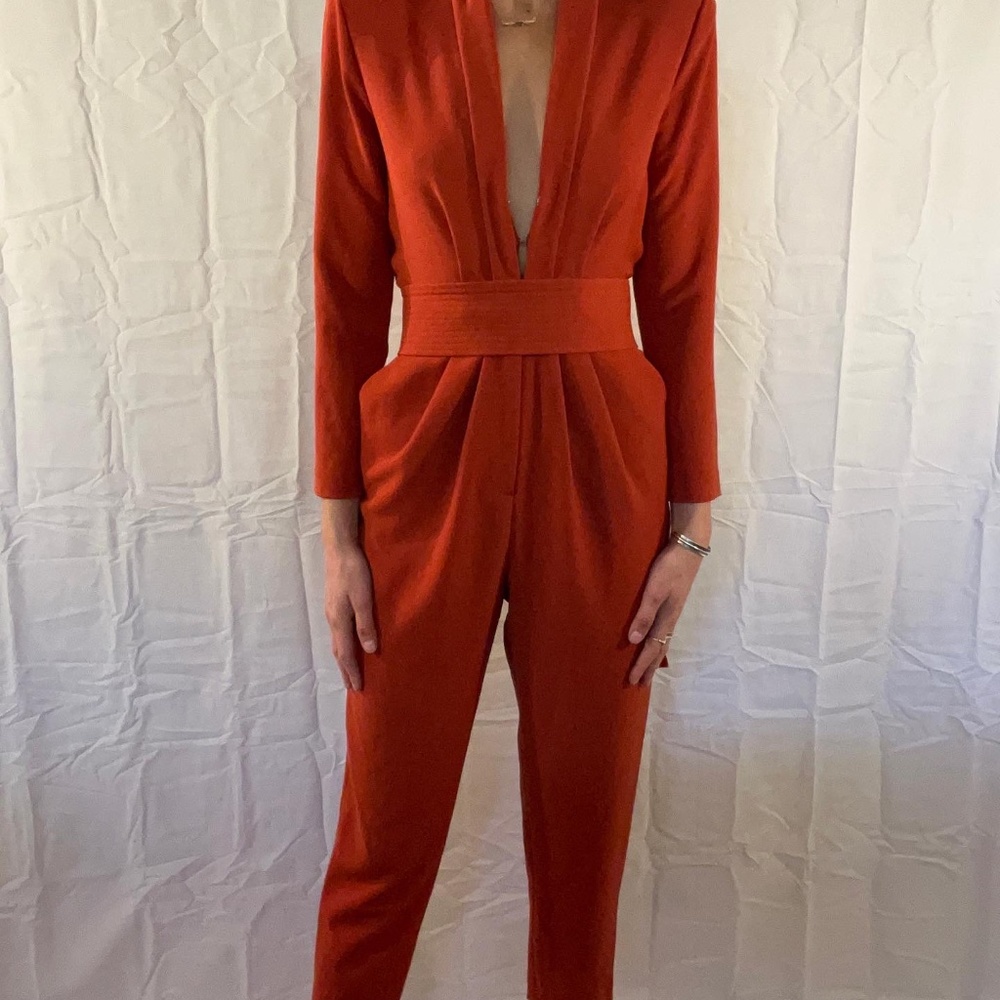 A.L.C. Rust Terracotta Deep V Long Sleeve Belted Jumpsuit — Size 2